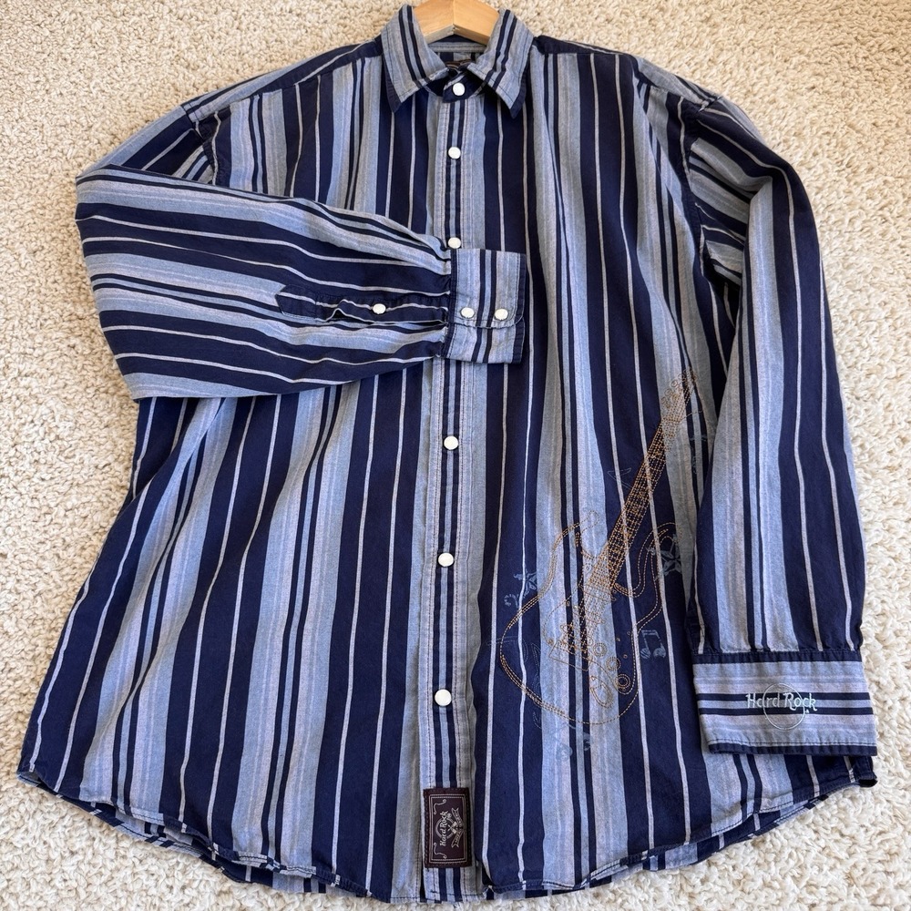 Hard Rock Striped Shirt Mens Large Blue Excellent Guitar Embroidered Pearl Snaps
